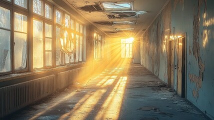 Obraz premium Sunlight shining through broken windows illuminating an abandoned school hallway with damaged walls