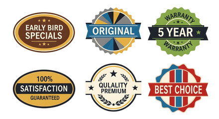 Fototapeta premium Collection of vintage style sale and guarantee badges isolated on transparent background