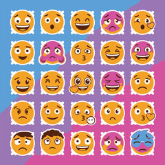Fototapeta premium Vector collection of twenty-five expressive emoticon stickers. A vibrant set of cute emoji faces for digital communication.
