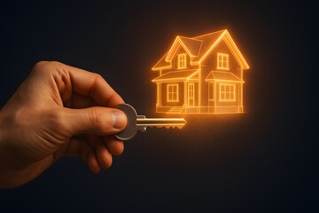 Golden Key in Hand Unlocks Concept of Dream Home Ownership