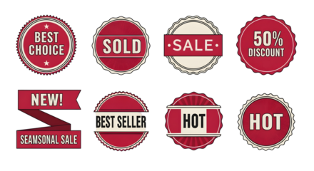 Collection of red and white sale and discount badges isolated on transparent background