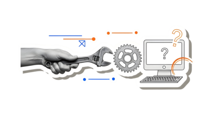 Skilled hand using adjustable wrench on gear component symbolizes problem-solving and mechanical solutions for technology issues with a computer screen displaying questions.
