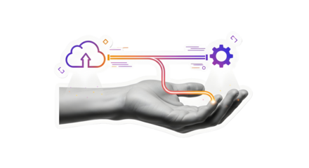 Experience seamless digital transformation as innovation flows from a supportive hand to cloud and gears, symbolizing growth and efficiency in modern business solutions.