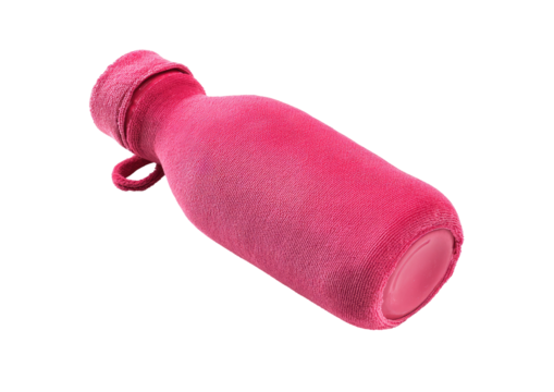 A vibrant, hot-pink, velvety water bottle.  It's a rounded, slightly elongated shape, with a soft, plush texture. A small loop handle is visible.  Isolated on a plain background