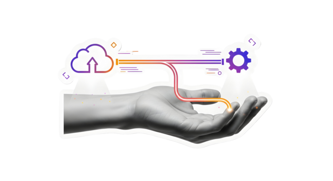 Experience seamless digital transformation as innovation flows from a supportive hand to cloud and gears, symbolizing growth and efficiency in modern business solutions.