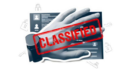 Protecting sensitive data with digital security, featuring a hand reaching for a classified document on a screen surrounded by locks and keys, symbolizing privacy and restricted access.