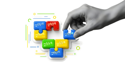 Skilled hand expertly places final colorful puzzle piece, completing a vibrant digital interface concept with abstract tech elements and a sense of successful integration