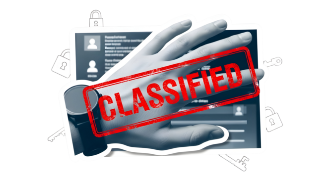 Protecting sensitive data with digital security, featuring a hand reaching for a classified document on a screen surrounded by locks and keys, symbolizing privacy and restricted access.