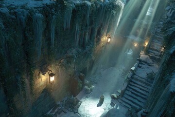 Sunlit, icy canyon with snowy steps and ancient ruins
