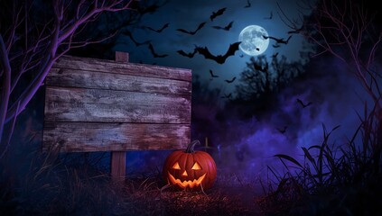 Mysterious Halloween glow with jack‑o‑lantern and bats behind plank