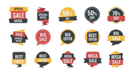 Collection of sale and offer badges and labels isolated on transparent background