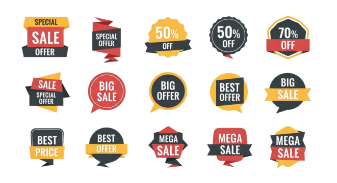 Collection of sale and offer badges and labels isolated on transparent background