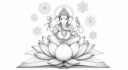 Obraz premium Elegant black and white line art of Lord Vinayaka sitting on a lotus flower emerging from a book of wisdom