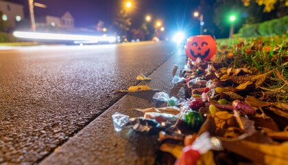 A Halloween pumpkin bucket filled with scattered candy sits on a curb at night, with car headlights and motion blur in the background.