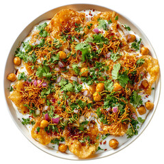 Plate of papri chaat with chickpeas yogurt on transparent background