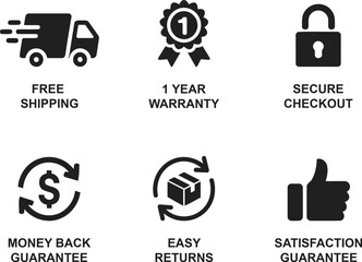 e-commerce icons set showing free shipping, warranty, secure checkout, easy returns, money back and satisfaction guarantee