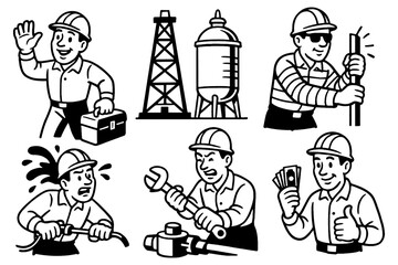 Electricians working with tools and wiring in retro comic style, Transparent Background