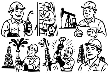 Industrial workers and oil rig operations in retro comic style, Transparent Background