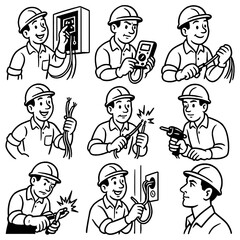 Electricians working with tools and wiring in retro comic style, Transparent Background