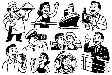 Obraz premium Cruise vacation scenes with passengers and ship in retro comic style, Transparent Background