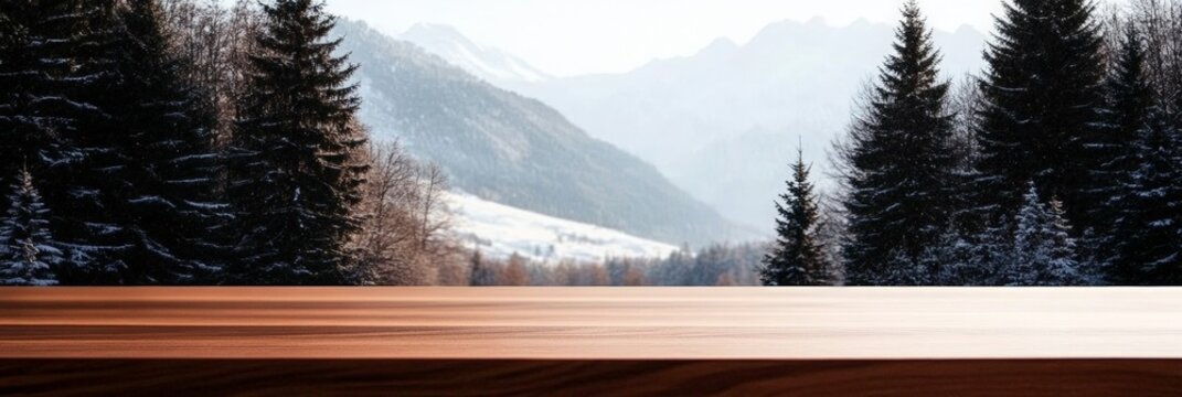 Empty wooden surface on a blurred background of the snow winter forest
