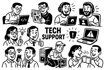 Office workers using technology in retro comic IT scene, Transparent Background