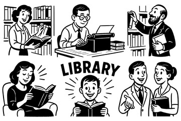 People reading and studying in retro comic library scene, Transparent Background