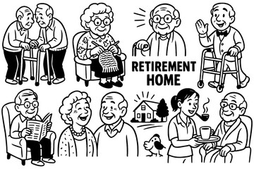 Elderly people in retirement home daily life in comic style, Transparent Background
