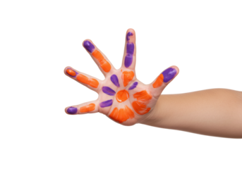 Child's hand painted in bright patterns. Cut out PNG