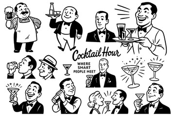 Bartenders and guests at cocktail hour in retro comic style, Transparent Background
