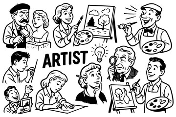 Various artist characters in retro comic drawing style, Transparent Background