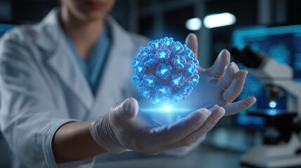 A scientist in a lab holds a glowing, stylized Mpox virus model, representing advanced research in virology and biotechnology.