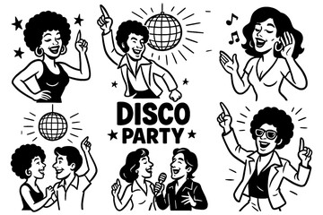 Retro disco party characters and dance icons in comic vintage style, Transparent Background