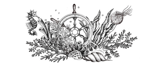 Marine life, graphic sea ornament, border of sea animals and algae, ship steering wheel