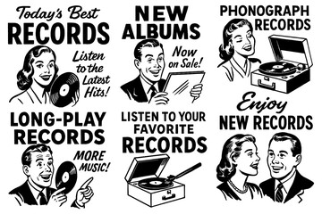 Retro people promoting vinyl records and phonographs in comic style, Transparent Background
