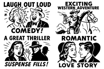 Retro comic film advertisement with characters and movie themes, Transparent Background