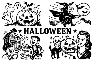 Obraz premium Halloween icons and characters in vintage retro comic illustration style, Transparent Background
