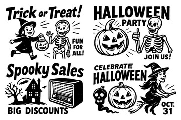 Halloween icons and characters in vintage retro comic illustration style, Transparent Background