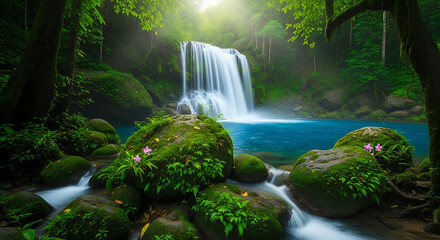 A picturesque waterfall tumbles into a serene blue pool surrounded by a vibrant, sunlit rainforest.