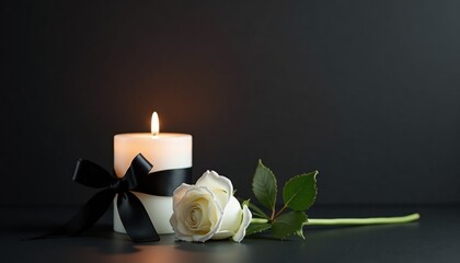 White candle with black ribbon and white rose on dark background  