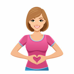 A smiling young woman with brown hair makes a heart shape with her hands, expressing love and care.
