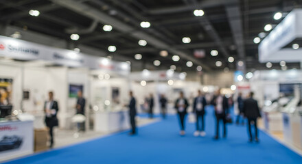 Blurred Background of a Trade Show with Professionals Networking and Engaging in a Busy Exhibition Hall