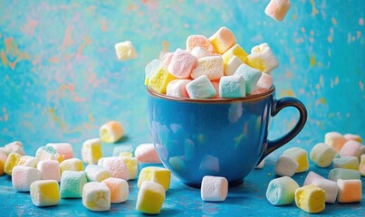 A mug of colorful marshmallows is on a blue background. The marshmallows are in different colors and are scattered around the bowl