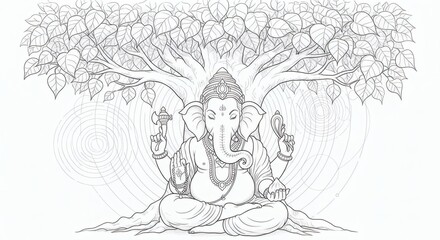 Intricate line art sketch of Lord Vinayaka meditating peacefully under the sacred Bodhi tree, a symbol of wisdom and enlightenment