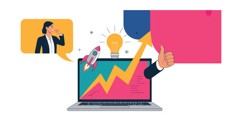 Business growth and innovation concept with rocket launch from laptop, upward graph, light bulb, speaker, and thumbs-up – vector illustration.