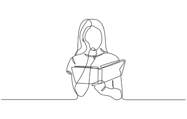 Single one line drawing of Baby children sitting reading books vector illustration. Editable outline