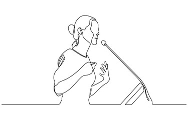 Single one line drawing of Business presentation woman trainer talking microphone vector illustration. Editable outline