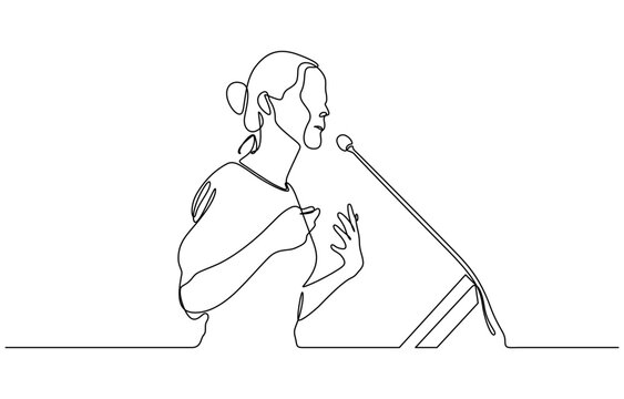 Single one line drawing of Business presentation woman trainer talking microphone vector illustration. Editable outline