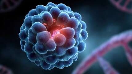 A detailed illustration of a Mpox virus cell with a glowing core, surrounded by DNA strands, showcasing biological structures at a microscopic level.