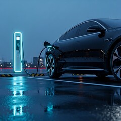 Electric car charging at a neon blue station in a wet city at night